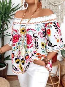 Áo sơ mi in định vị co giãn lệch vai Plus Size - trắng - Xem 1