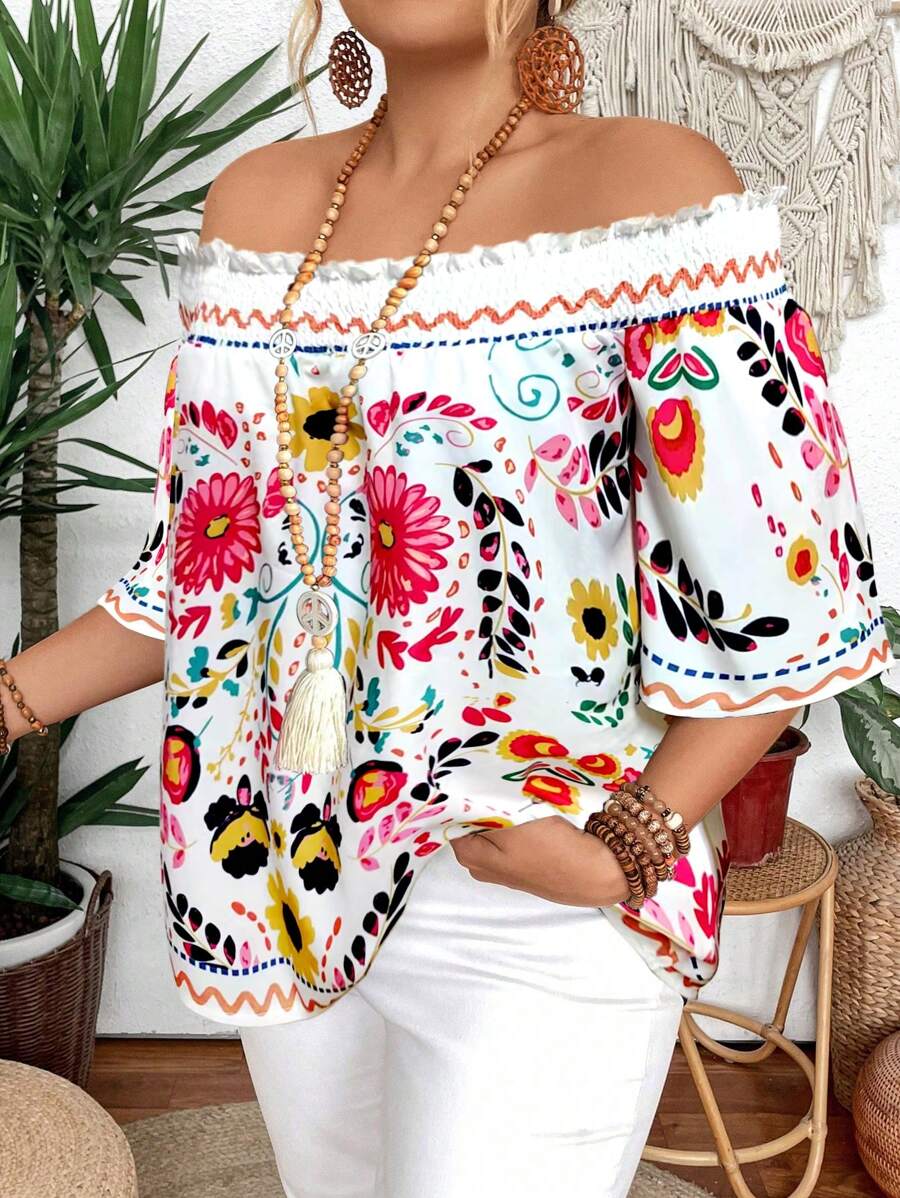 Áo sơ mi in định vị co giãn lệch vai Plus Size - trắng - Xem 1