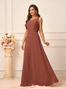 SHEIN Belle Vestido romántico de mujer con cuello asimétrico, diseño de espalda descubierta y tirantes spaghetti. Confeccionado en encaje floral y tela de gasa, en línea A y longitud completa. Ideal para dama de honor.