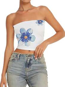 INAWLY Floral Print Crop Bandeau Tube Top For Summer - White - View 1