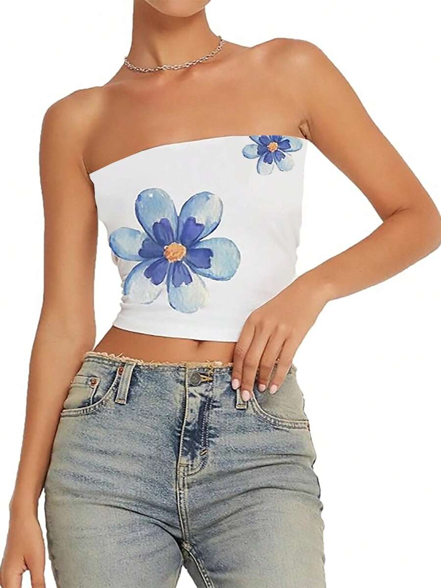 INAWLY Floral Print Crop Bandeau Tube Top For Summer - White - View 1