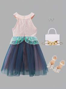 Girls Contrast Mesh Ruffle Trim Halter Dress - Multicolor - View 2
