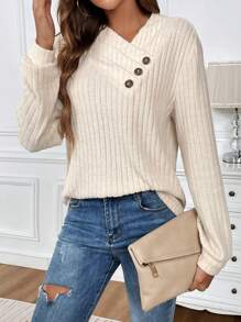 SHEIN LUNE 女士春秋季休闲不对称领纽扣细节套头卫衣 - 杏色 - 查看 3