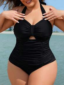 Swim Vcay Plus Size Women Solid Color Draped Halter Monokini Swimsuit For Summer Beach Vacation - Black - View 1
