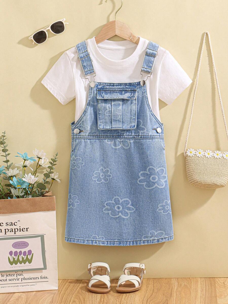 Young Girls' Sweet Floral Print Denim Back Pocket Dress For Summer - Light Wash - View 1
