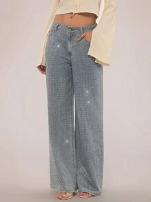 Forever 21 Vintage Wash Scattered Diamante Detail Straight Leg Jeans Spring Outfits Mid Rise Jeans Festival Outfits Summer Bottoms Rhinestone Jeans - Blue - View 7