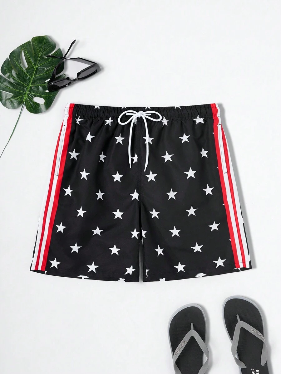 Surfspeed Men's Vacation Loose Fit Star Printed Drawstring Waist Beach Shorts - Black and White - View 1