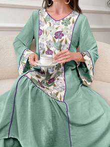 Al Najma 夏季對比花卉印花擴口袖裙 - 綠色 - 查看 1