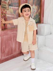 SHEIN Young Boys' Plain & Simple Daily Short Sleeve T-Shirt And Shorts 2pcs/Set - Khaki - View 5