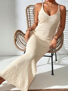 女士夏季沙滩度假连衣裙，纯色简约日常穿着，3D立体花卉装饰交叉系带宽松连衣裙 - 杏色 - 查看 9