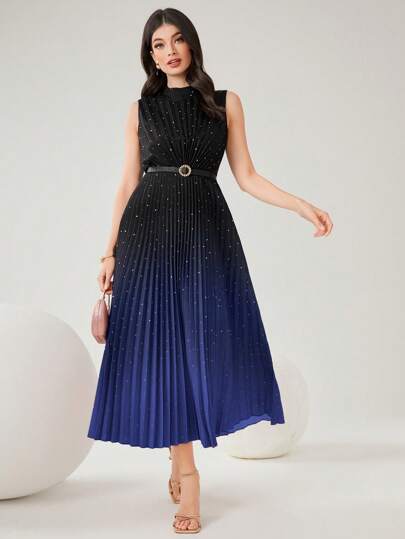 Modelyn Women's Summer Elegant Star Printed Gradient Pleated Sleeveless Dress