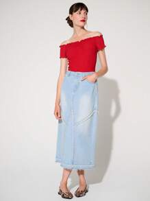WESTFADE Premium Fray Seam Non-Stretch Cotton Denim Midi Skirt - Blue - View 3