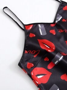 唇形和心形印花緞面背心睡衣上衣 - 黑色 - 查看 4