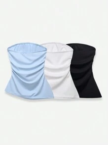 SHEIN EZwear Áo Bandeau nhún bèo màu trơn cỡ lớn cho nữ - Nhiều gói - Nhiều màu - Xem 2