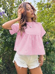 SHEIN EZwear Loose Weave Pink Striped Shirt For Summer - Pink - View 4