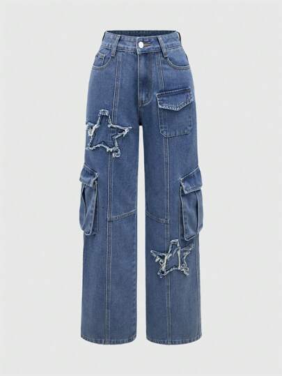 Grunge Punk Cargo Jeans mit Sternenmuster-Klapptaschen