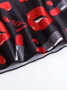 唇形和心形印花緞面背心睡衣上衣 - 黑色 - 查看 6