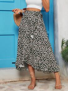 SHEIN VCAY Falda de vacaciones para mujer de longitud media con nudo lateral, estampado floral y dobladillo con volantes - Multicolor - Ver 1