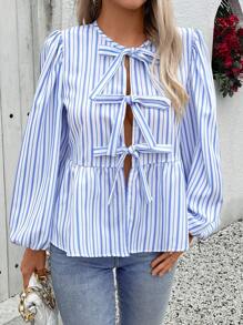 SHEIN LUNE Striped Print Knot Front Lantern Sleeve Peplum Blouse For Spring & Summer Fall Cloth For Women - Blue and White - View 3