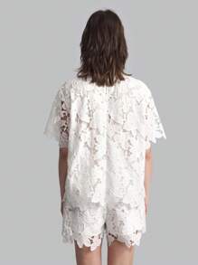Ontre 女士短袖圆领刺绣镂空上衣，秋季 - 白色 - 查看 2