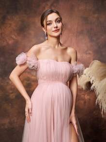 Faeriesty Vestido elegante de tul con hombros descubiertos, abertura alta y detalles de volantes de Dressalisa para baby shower y celebraciones formales | Vestidos de invitada de boda, galas de noche, eventos de etiqueta negra, atuendo para ceremonias de premios - Rosa vieja - Ver 6