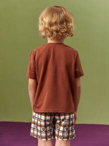 SCOOBY-DOO X SHEIN Young Boy Casual Cartoon Printed Brown Short Sleeve T-Shirt And Plaid Shorts, Summer - Brown - View 4