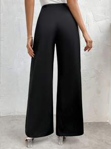SHEIN Privé Women's Solid Color Simple Everyday Long Pants - Black - View 2