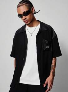 PAVTROS Manfinity Streetrush Men's Loose Fit Short Sleeve Casual Shirt With Alphabet Pattern, Summer - Black - View 3