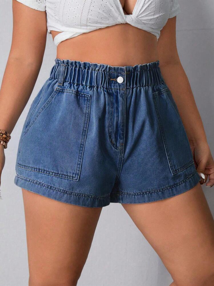 SHEIN LUNE Pantaloni corti estivi casual in denim taglie forti - Blu lavato medio - Visualizzare 4