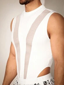 FeverCity Men's Summer Mesh Panel Solid Color See-Through Sleeveless Bodysuit - White - View 4