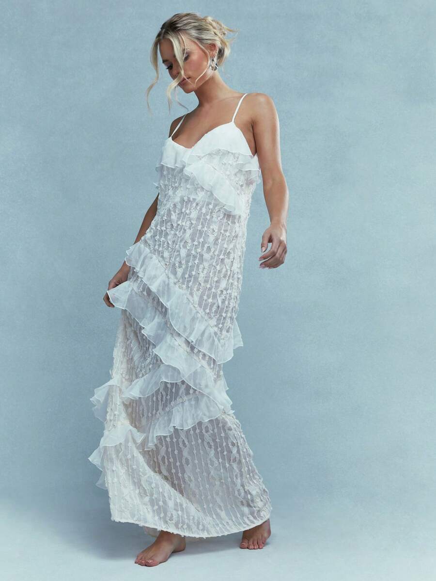 MISSGUIDED Boho Sheer Lace Ruffle Detail Cami Maxi Dress - Beige - View 1