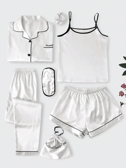 LuxeNights 7-Pieces Set Women's Simulated Silk Pajamas With Embroidered Flowers White Set Bridal Lingerie, Fall Winter Clothes Cozy And Elegant Details