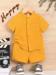 SHEIN Baby Boy Casual Comfortable Short Sleeve Shorts Set - Yellow - View 4
