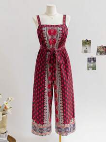 Soleia Plus Size Women's  Music Festival Positioning Cinched Waist Strap Sleeveless Wide Leg Loose Jumpsuit, Summer