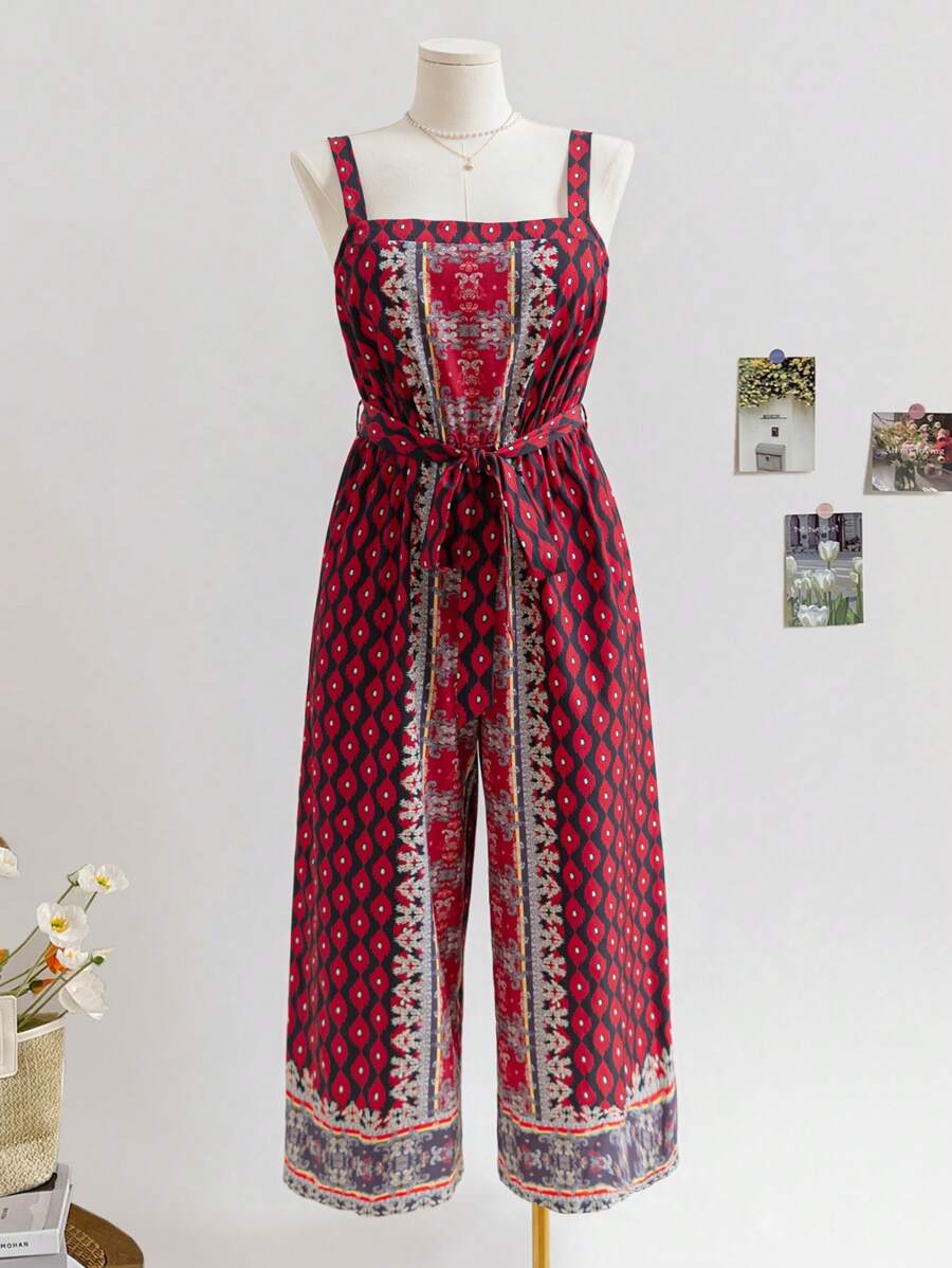 Soleia Plus Size Women's  Music Festival Positioning Cinched Waist Strap Sleeveless Wide Leg Loose Jumpsuit, Summer