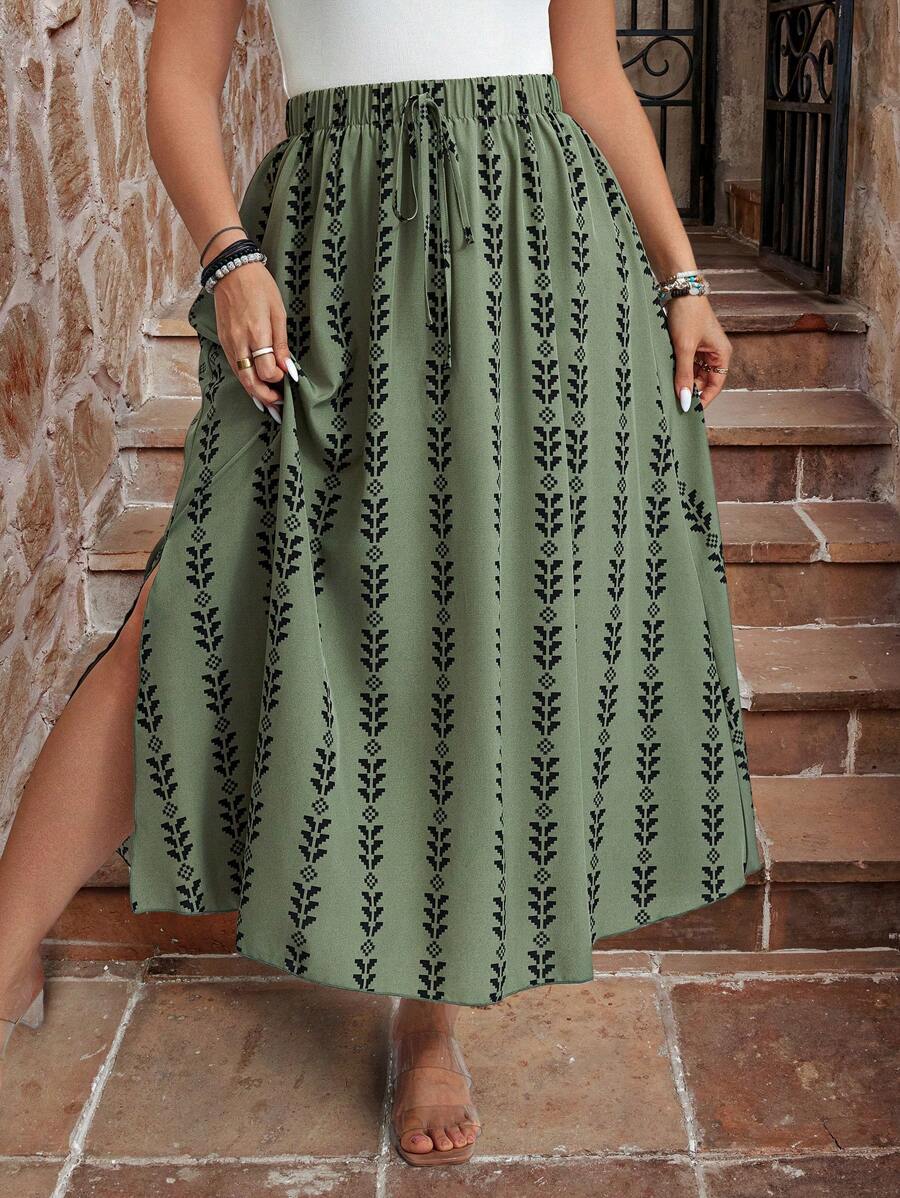 SHEIN LUNE 大码女式几何印花侧开衩裙 - 綠色 - 查看 1