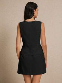 Poéselle Damen Sommer Set aus einfarbiger Frontbindungs Weste und Rock, lässiges Zweiteiler Set, Hochzeit Frauenkleid Set, Abschlusskleidung, Street Wear, kurzes Kleid mit Weste Anzug, kurzes Frauen Set - Schwarz - Übersicht 2