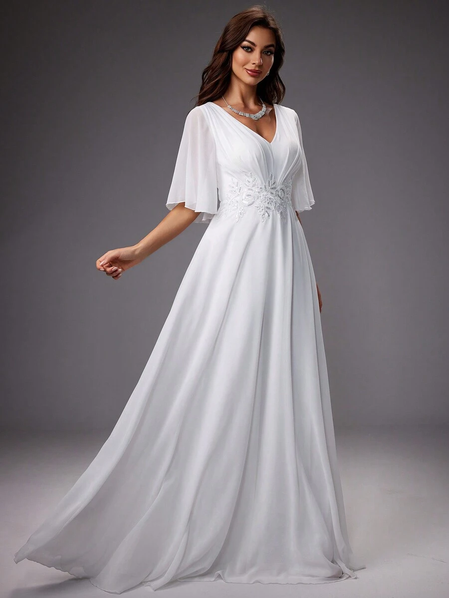 V-Neck Ruffle Sleeve Embroidered Waist Wedding Dress - White - View 1