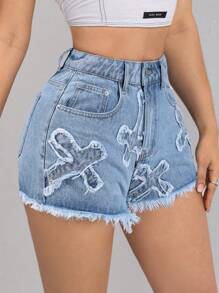 SHEIN ICON Cross Patch Women's Pockets Denim Shorts - Light Wash - View 6