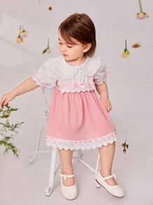 SHEIN Baby Girl Sweet Color-Block Peter Pan Collar Dress, Summer - Pink - View 4