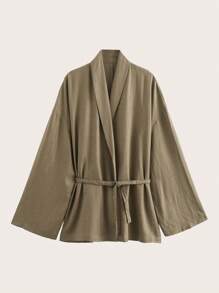 Solid Color Belted Kimono Style Lightweight Jacket, Long Sleeve - Khaki - View 1