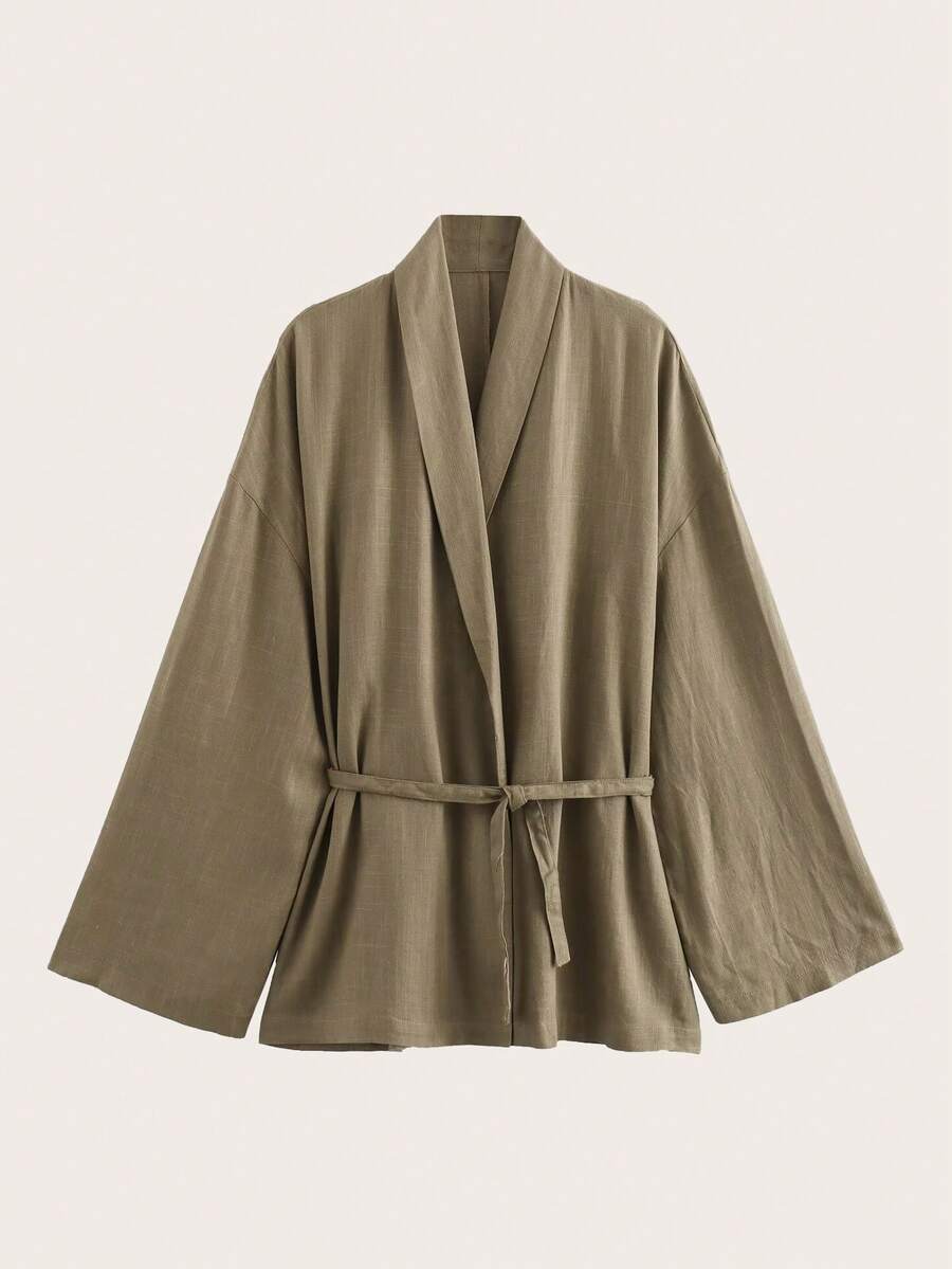 Solid Color Belted Kimono Style Lightweight Jacket, Long Sleeve - Khaki - View 1