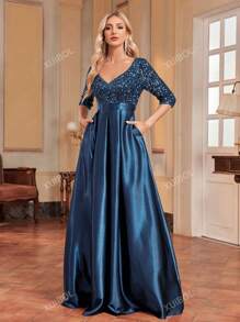 Vrouwen V-hals Lange Sequin Formele Jurk (Zware Decoratie) Elegante Lange Mouw Prom Avond Bruiloft Gast Jurk, Voor Afstuderen, Diner Feest Jurk
