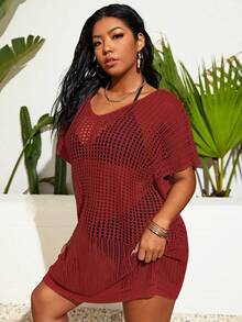 SHEIN Swim Curve Vestido cubre con tejido calado para tallas grandes, ideal para el verano - Burdeos - Ver 3