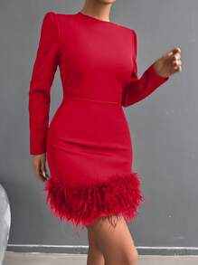 EURMUSE Women's Puff Long Sleeve Fuzzy Hemline Dress - Red - View 5