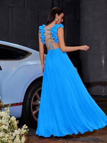 Chiffon Floral Backless Cross Strap Pleated Fish Wire Ears Zipper Invisible Mid-Length Dress With Large Hem For Evening Party Elegant Formal Prom Wedding Guest Gown, For Graduation, Dinner - Blue - View 3