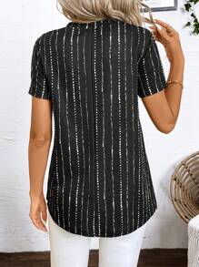 SHEIN Clasi Half-Zip Striped Short Sleeve Casual T-Shirt For Women, Summer - Black - View 2