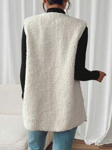 SHEIN Frenchy Dual Pocket Button Front Teddy Vest Coat In Fall/Winter - Beige - View 2