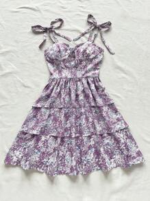 Soleia WYWH Dames Vakantie Vakantie Paarse Bloemen Schouderband Strik Taartjurk Ditsy Bloemen Vierkante Hals Gelaagde Taartjurk, Romantische Bruiloft Seizoen Outfit, Afternoon Tea Outfit, Schattige Jurk