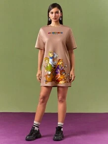 SCOOBY-DOO X SHEIN Women's Casual Cartoon Characters And Letters Print Oversized T-Shirt Dress For Summer Autumn - Khaki - View 5